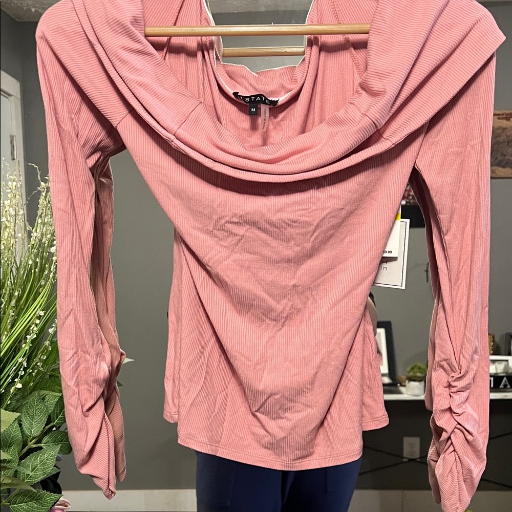 Draped Cowl Neck Blush Ribbed Knit Top